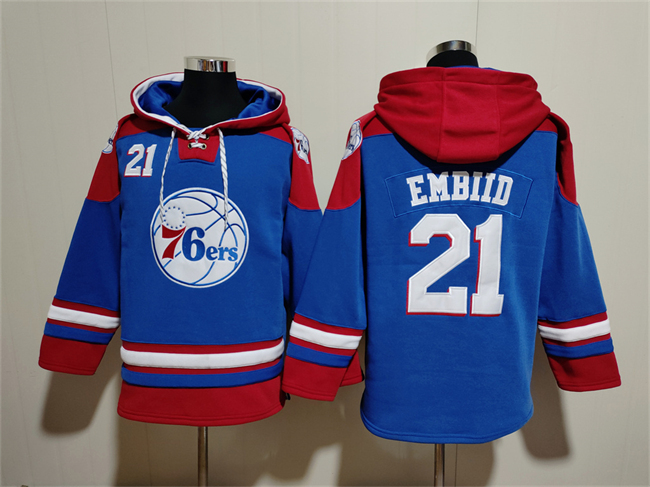 Men's Philadelphia 76ers #21 Joel Embiid Royal/Red Lace-Up Pullover Hoodie